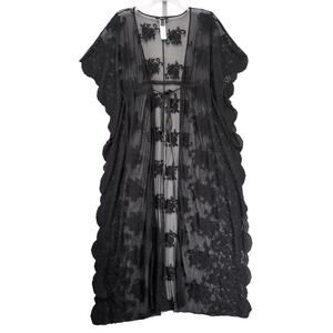 Forever 21 Women's M Black Sheer Tie Kimono Duster Cover Up Crochet Roses Goth